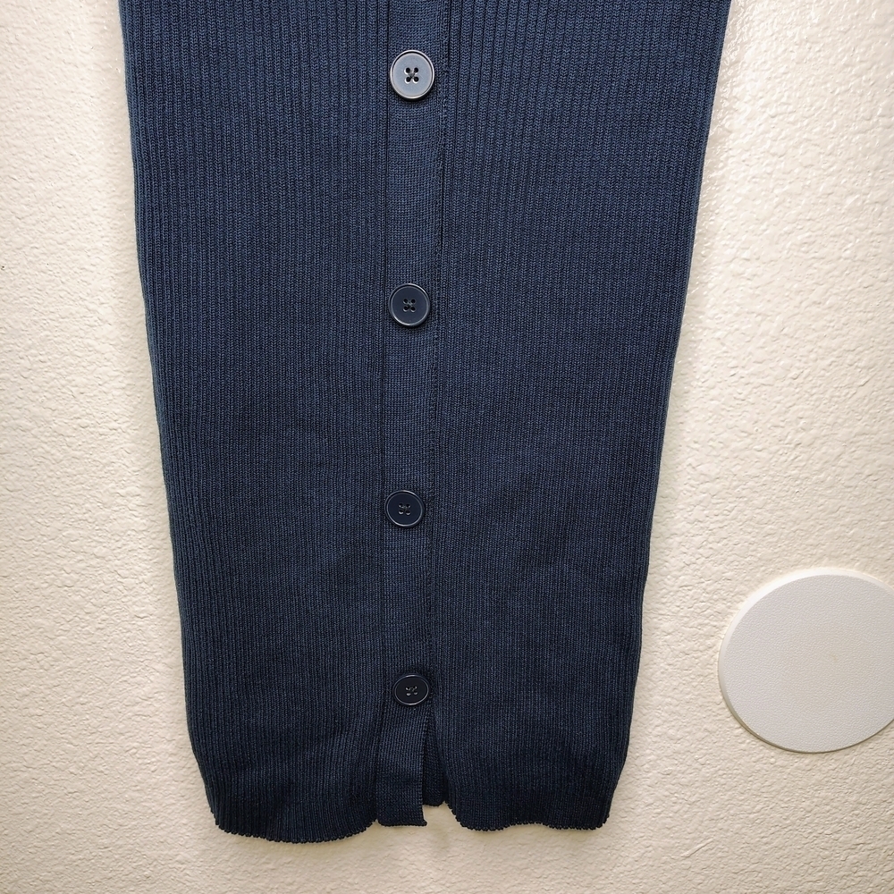 Maeve By Anthropologie PuffSleeved Navy Blue and Striped Button Front Dress Sz S - Picture 2 of 16
